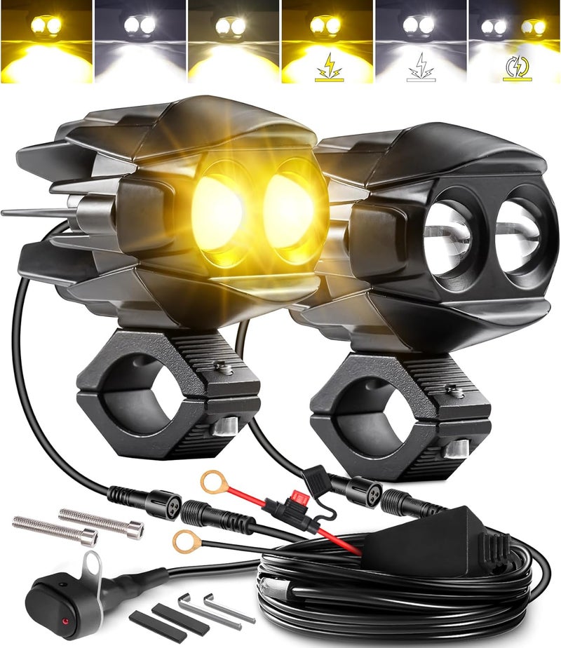 LEDMIRCY Motorcycle Driving Lights Kit, LED Luces Exploradoras Para Moto with Switch Wiring Harness Auxiliary Spot Light 6Modes White/Amber Strobe Offroad Fog Light with Memory Function IP68 Waterproof - Image 1